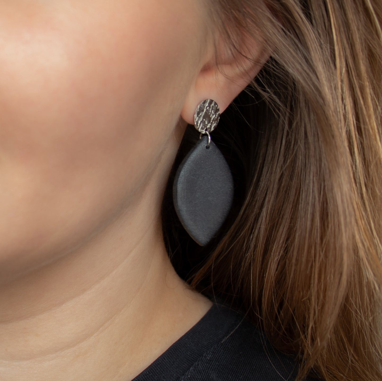 Handmade Black Oval Earrings – Polymer Clay Jewellery