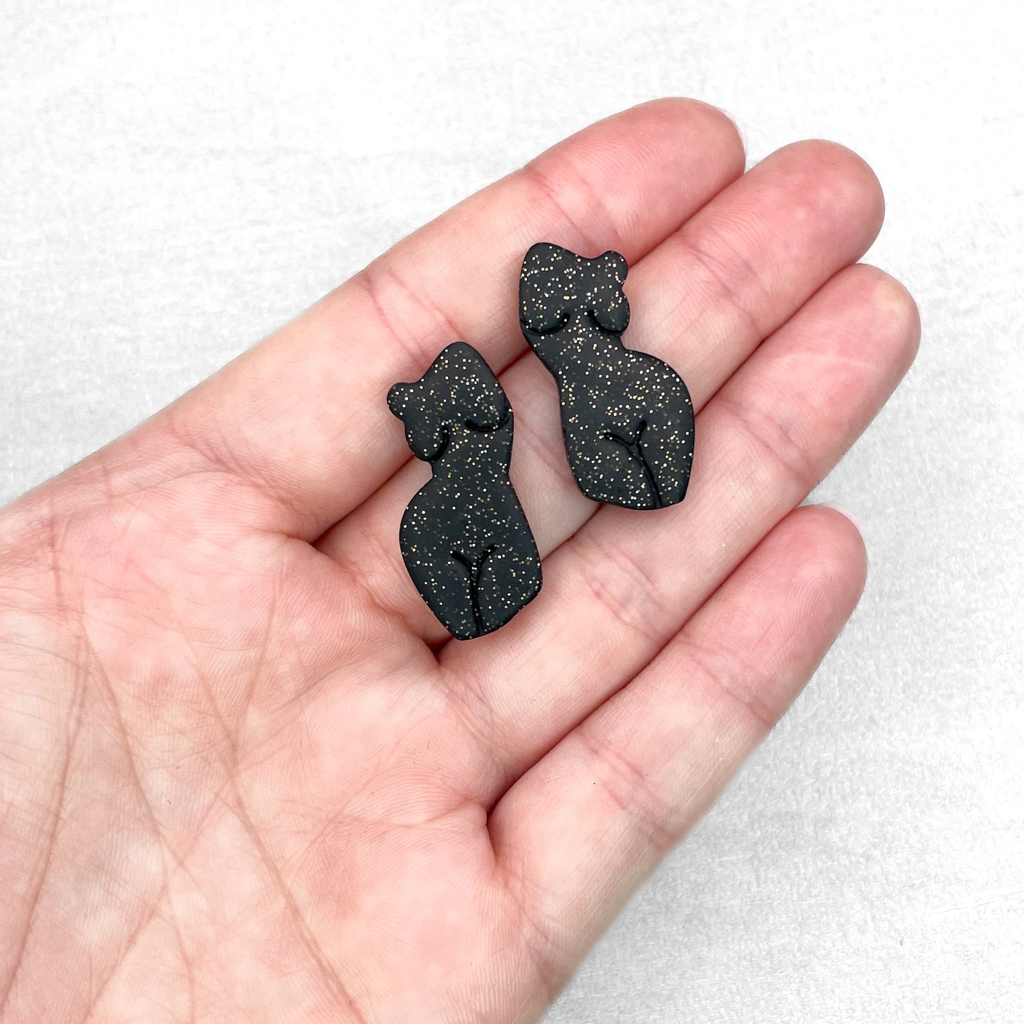Handmade Black with Gold Glitter Polymer Clay Stud Earrings – Women Body Studs