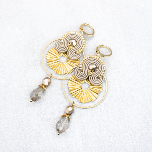 Sand soutache earrings. Unique handmade earrings with gold charms.