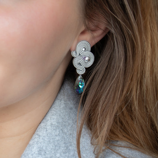 Light grey soutache earrings with Presioca crystals. Handmade earrings. Classic and lightweight earrings.