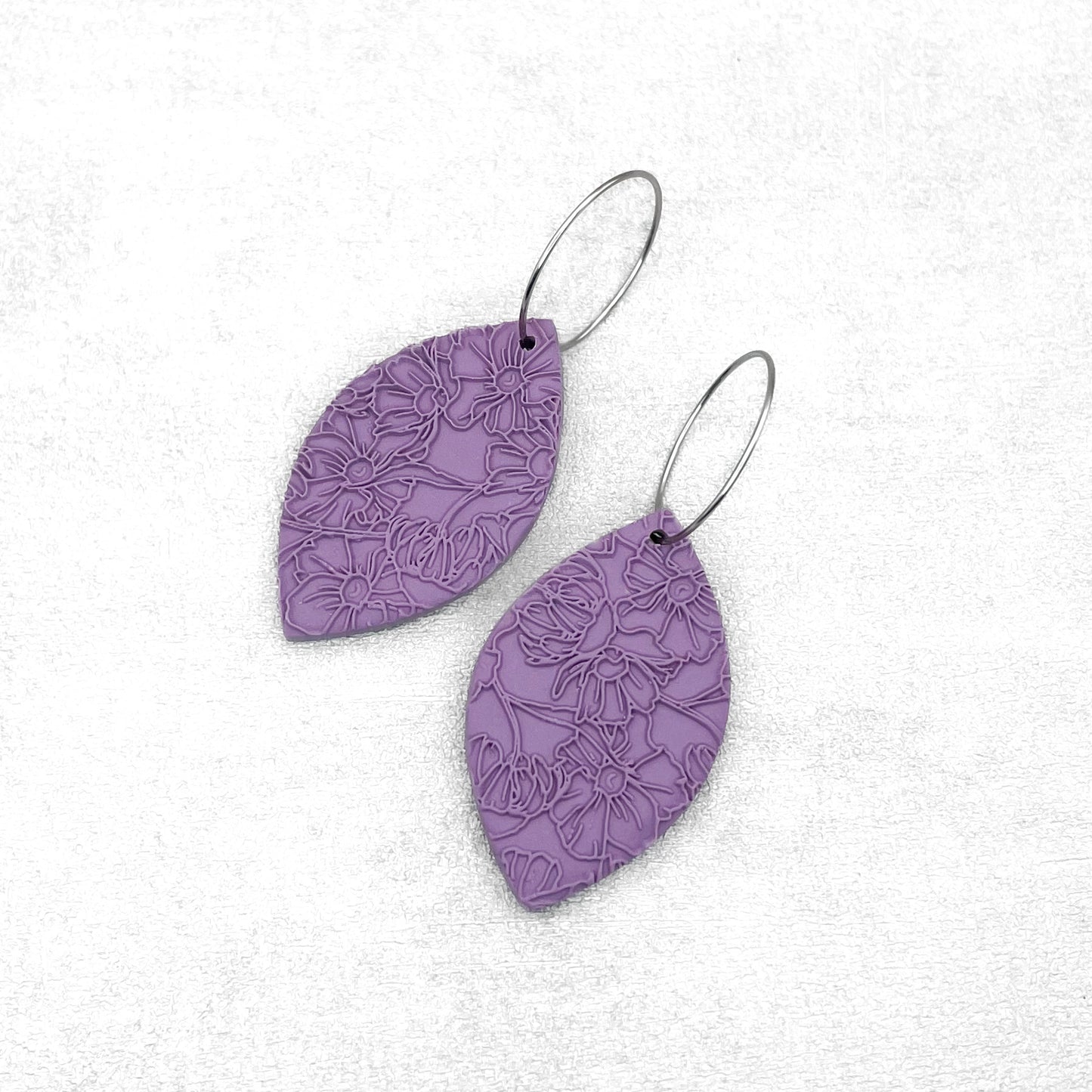 Handmade Violet Oval Earrings – Textured Polymer Clay with Hoops