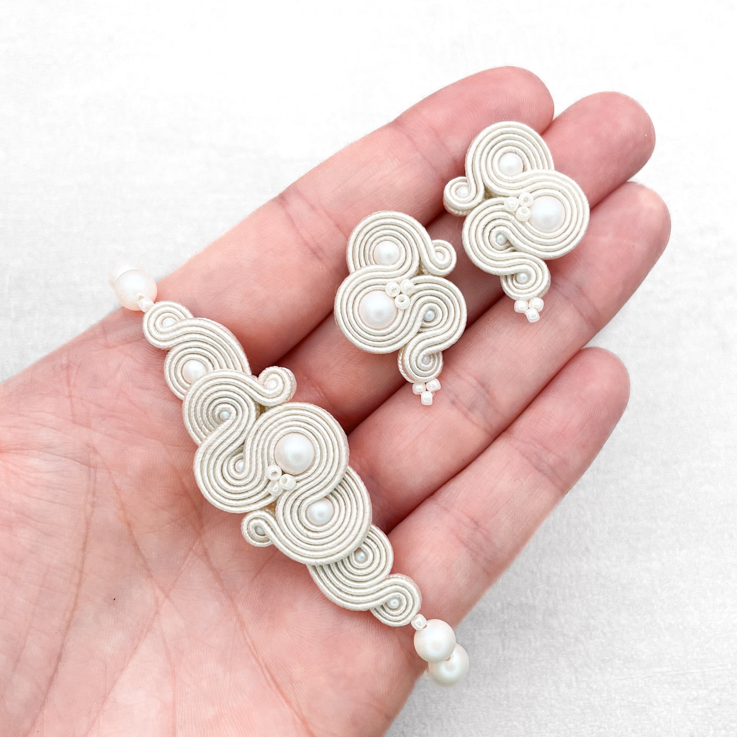 Handmade Ivory Soutache Jewellery Set – Classic and Elegant Wedding Earrings and Bracelet