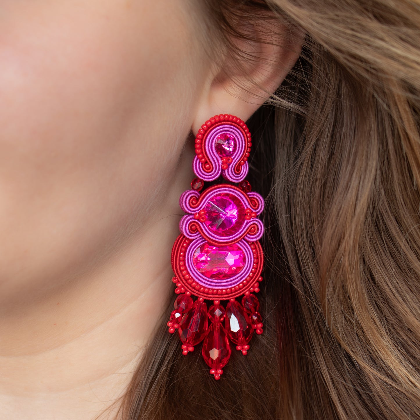 Handmade Red and Magenta Soutache Earrings – Bold and Original Jewellery