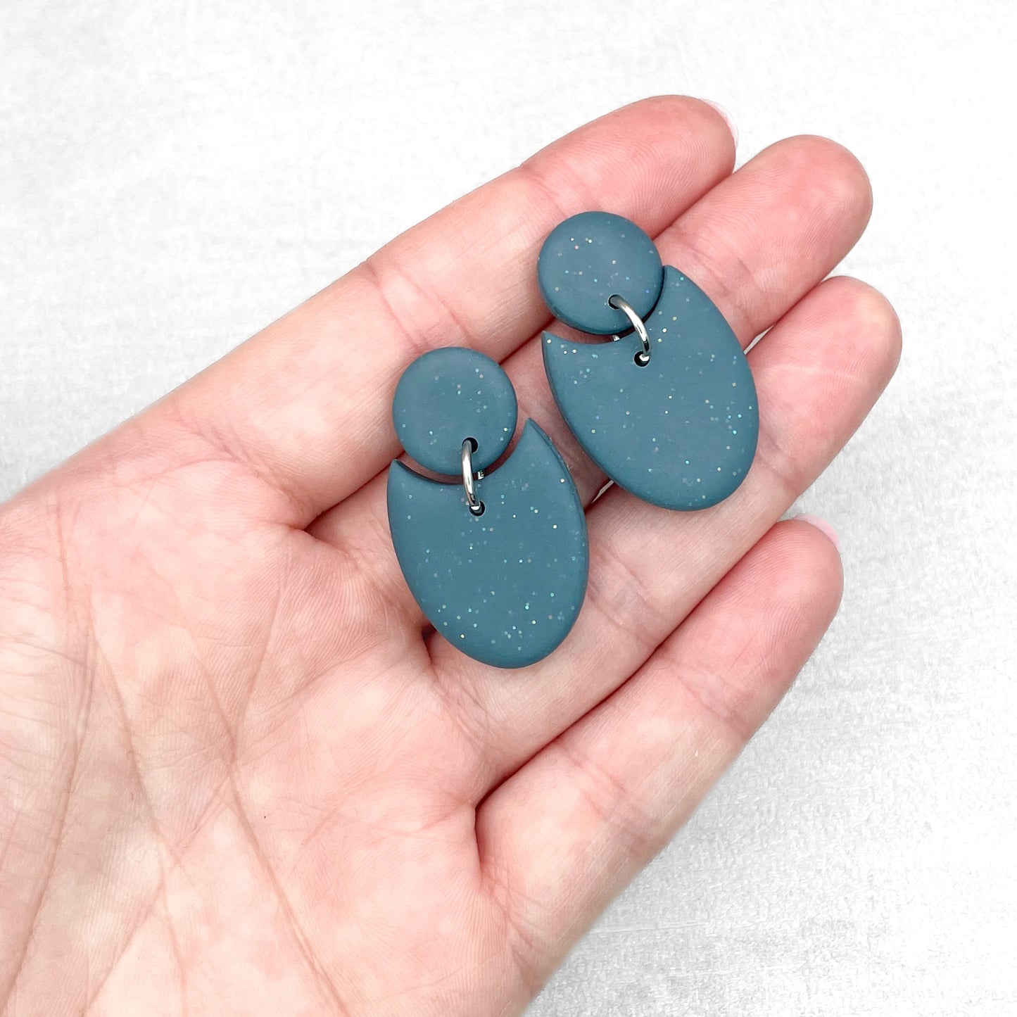 Handmade Steel Blue Geometric Earrings – Polymer Clay with Glitter Jewellery