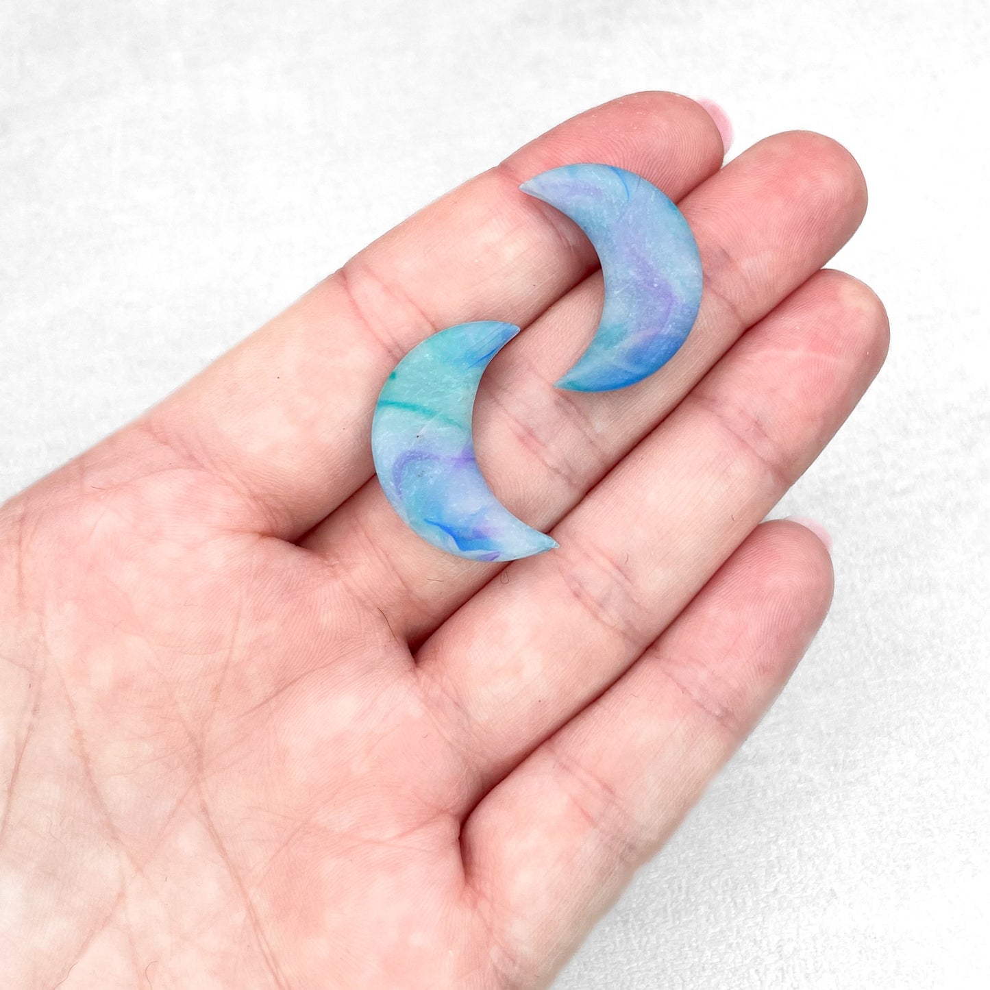 Handmade Sky Blue Moon Stud Earrings – Marbled Polymer Clay Studs