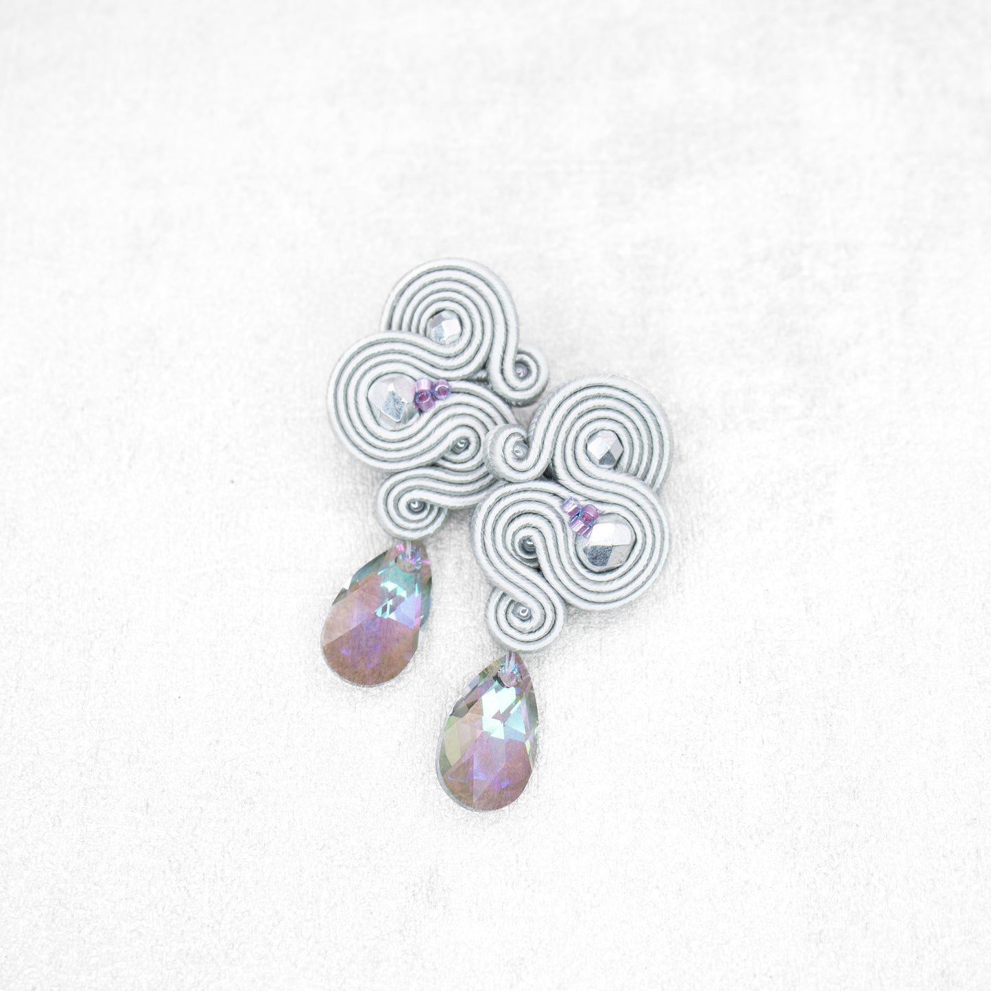 Handmade Light Grey Soutache Earrings with Preciosa Crystals – Sophisticated and Classic Jewellery