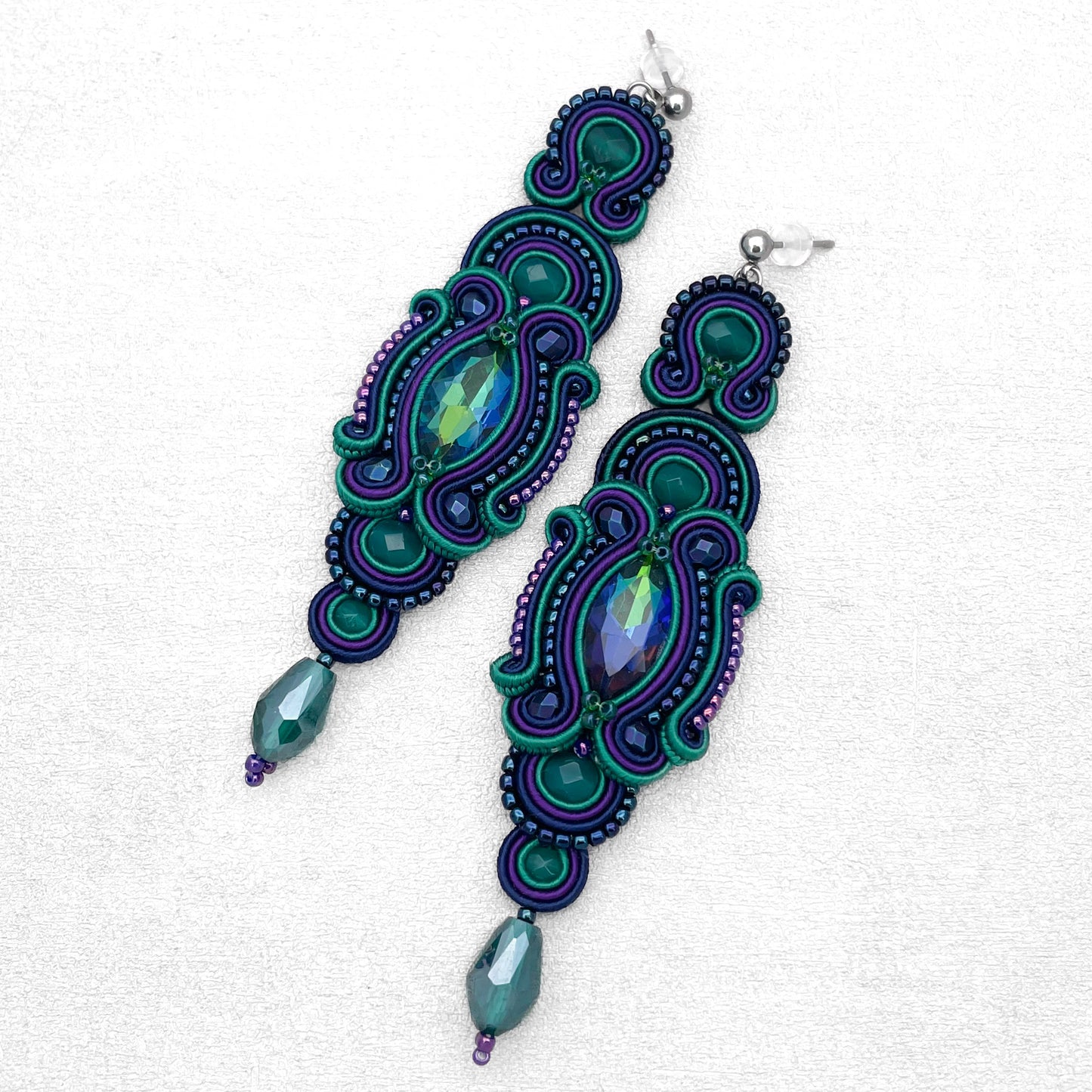 Handmade Dark Emerlad, Dark Spahhire, and Dark Violet Soutache Earrings – Oriental Long Earrings