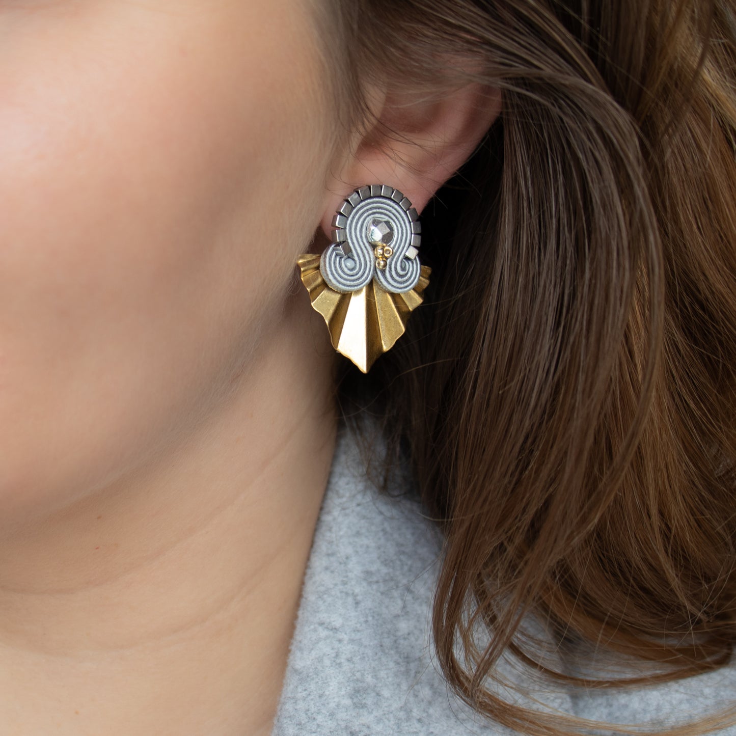 Handmade Light Grey Soutache Earrings with Gold Charms – Stylish and Chic Jewellery