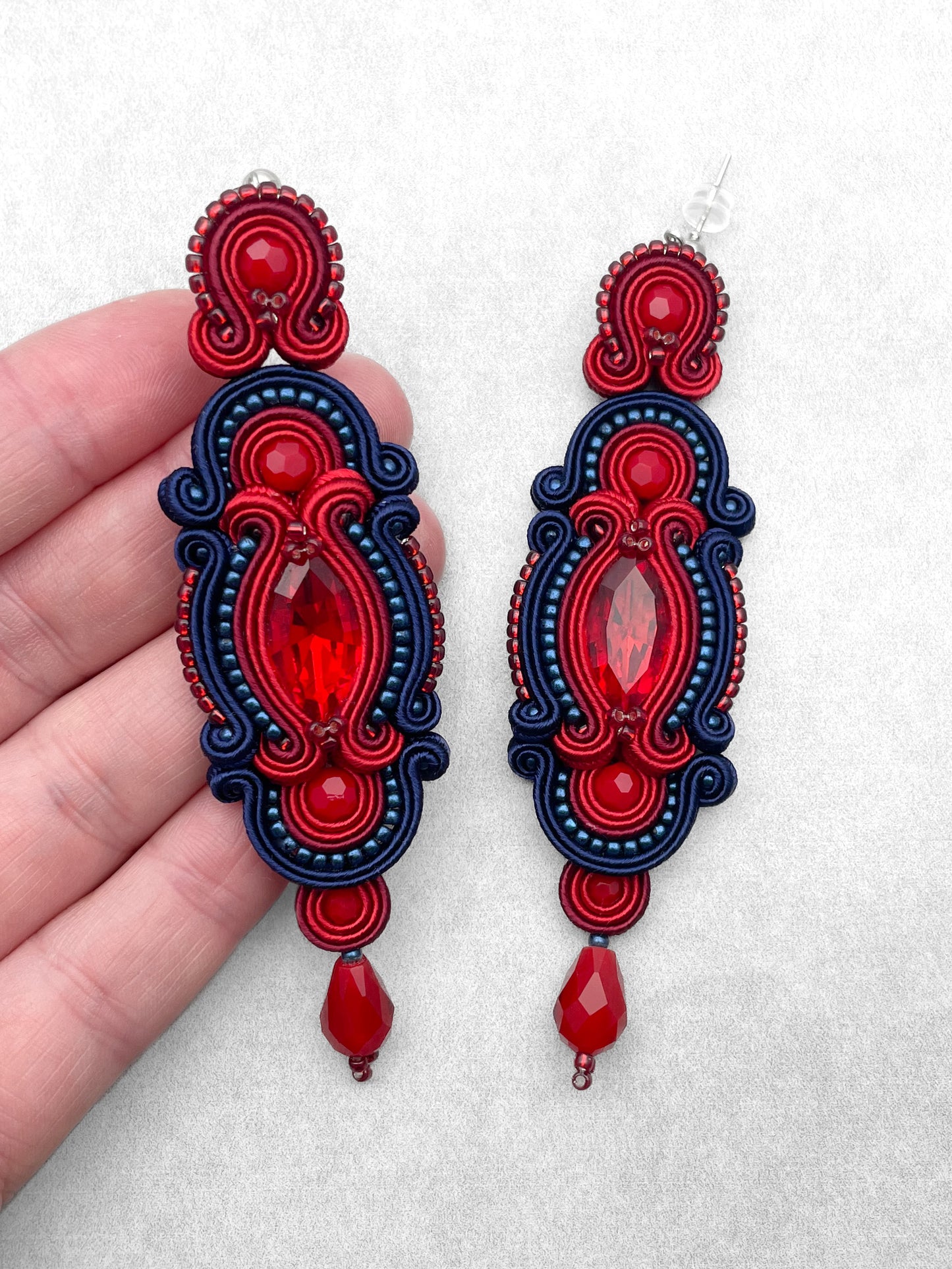 Handcrafted Red & Dark Sapphire Soutache Earrings – Timeless Elegance