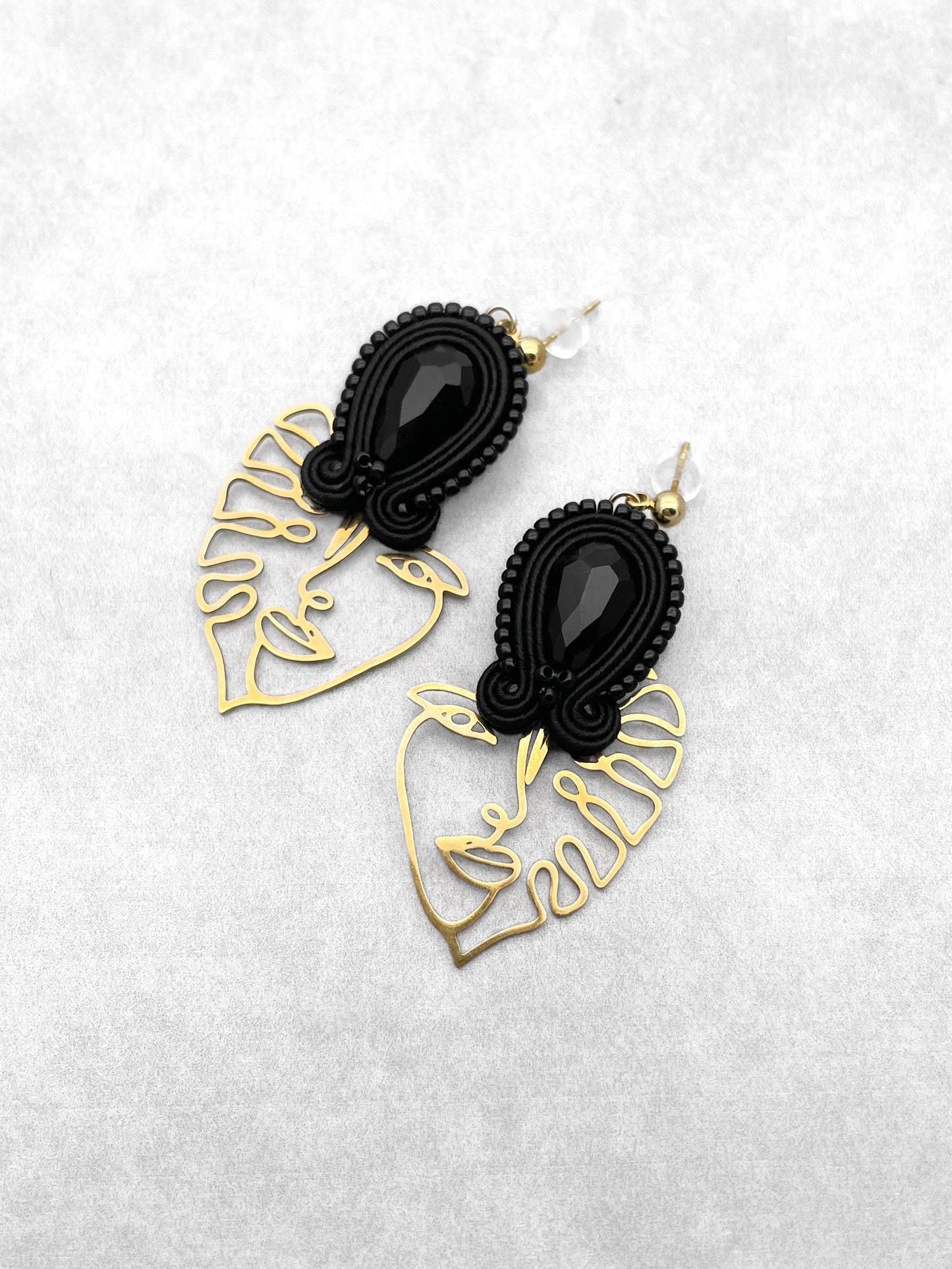 Handmade Black Soutache Earrings with Gold Face Charms – Lightweight Earrings