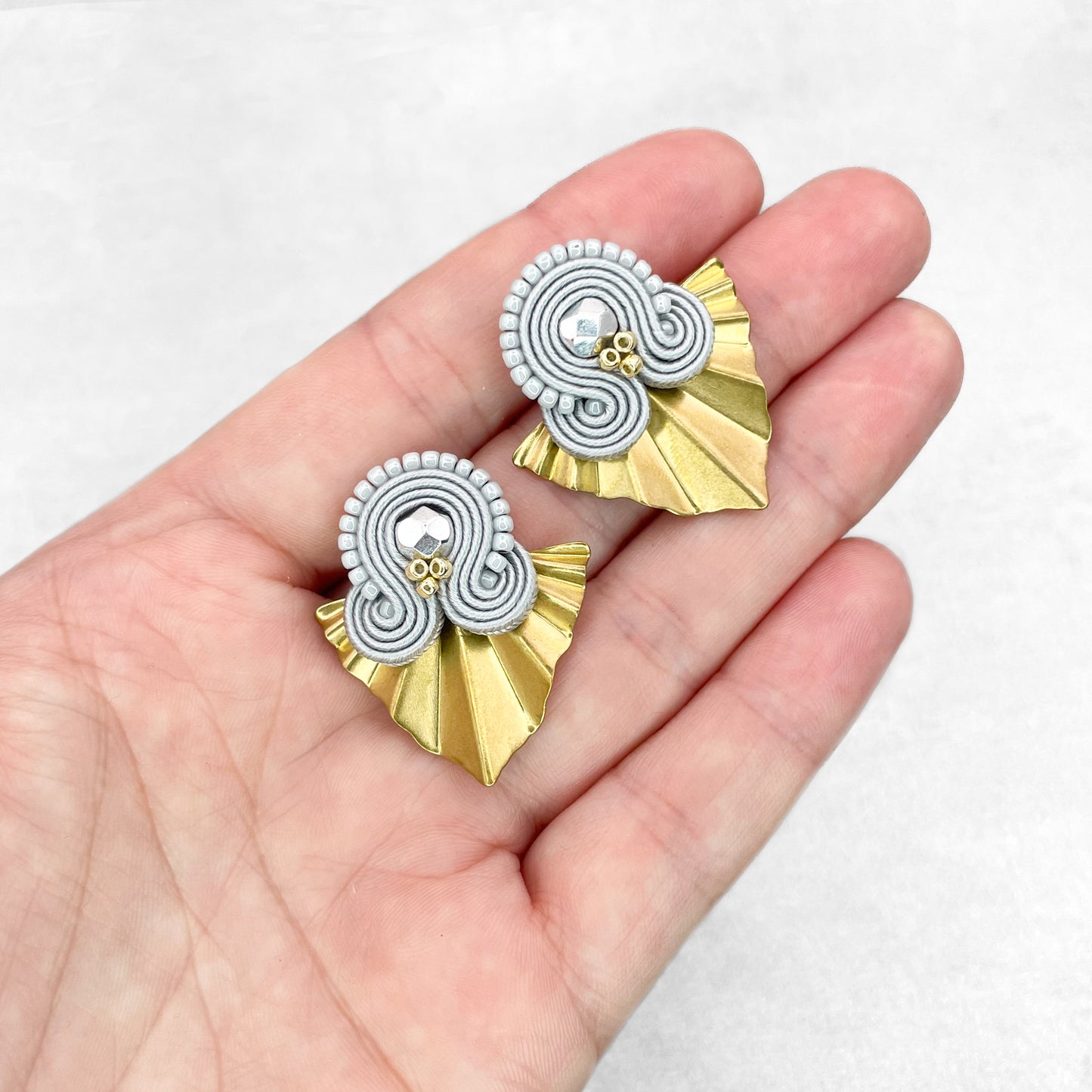 Handmade Light Grey Soutache Earrings with Gold Charms – Stylish and Chic Jewellery