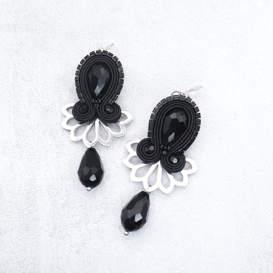 Black soutache earrings with charms. Original handmade earrings.