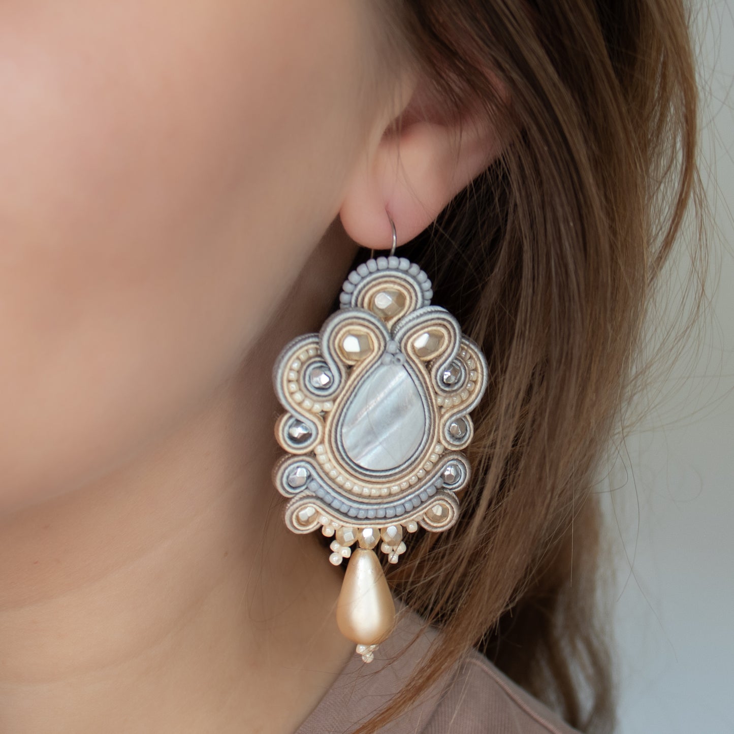 Handmade Sand, Light Grey, and Cream Soutache Earrings – Oriental and Lightweight Jewellery