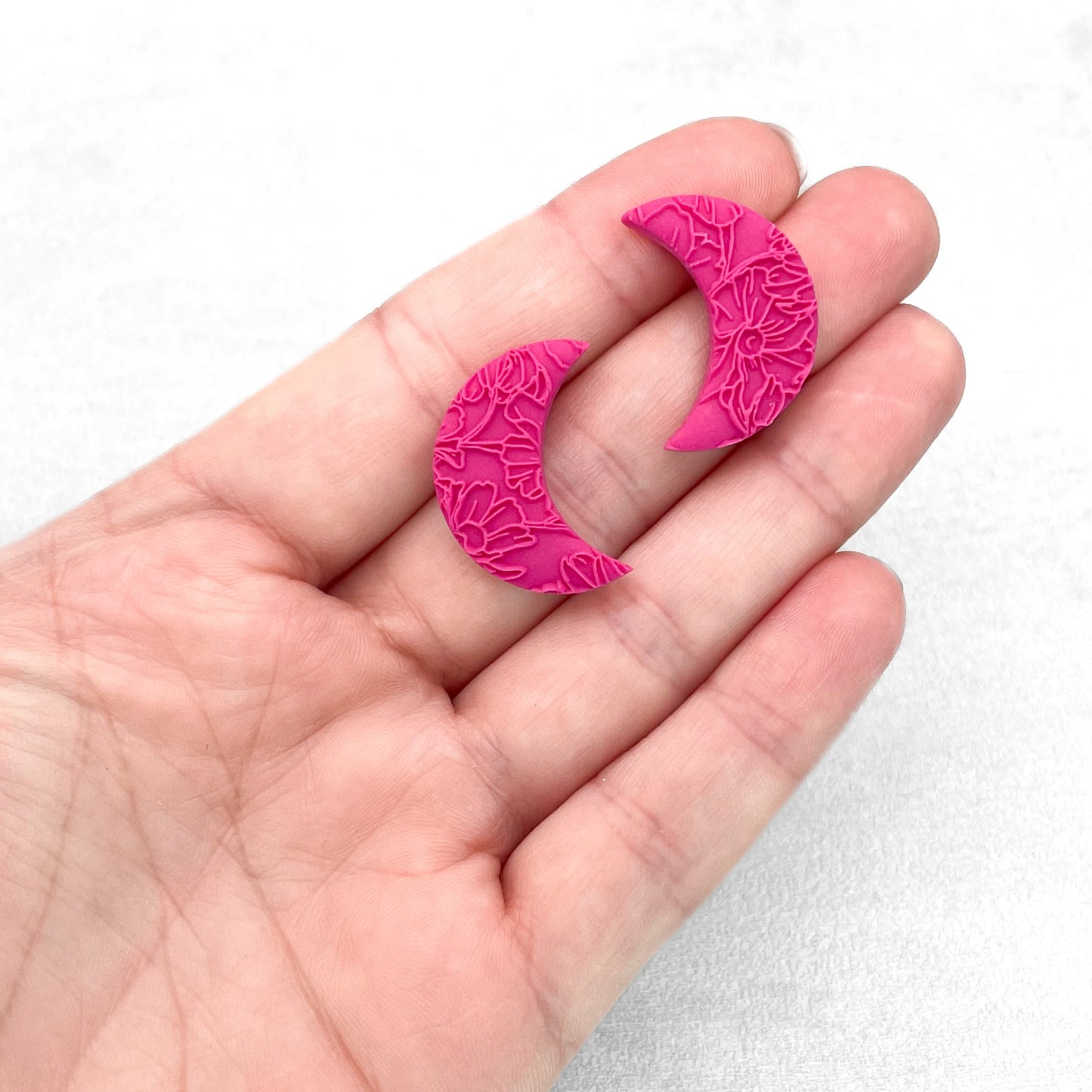 Handmade Magenta Moon Stud Earrings – Textured Polymer Clay Studs