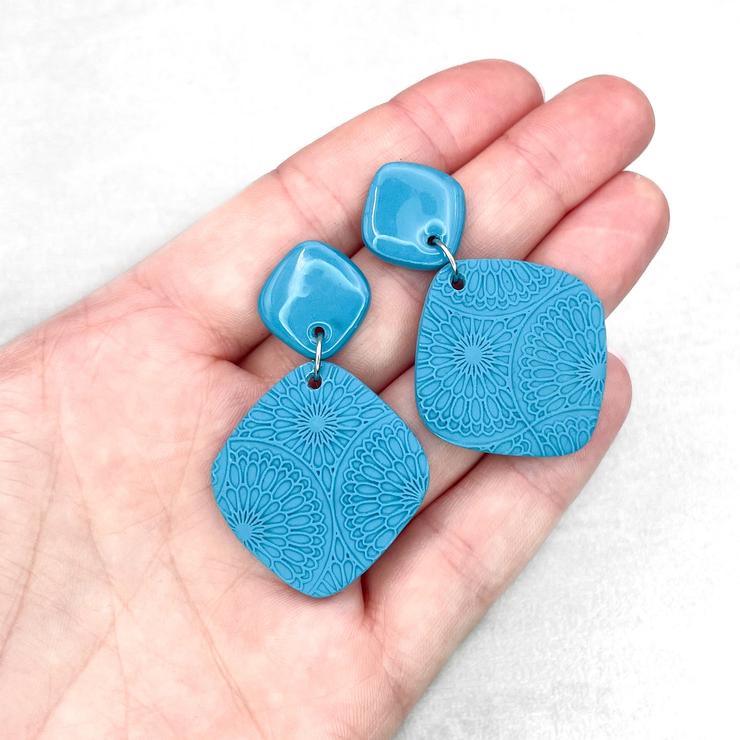 Handmade Turqouise Rhombus Earrings – Textured Polymer Clay Jewellery