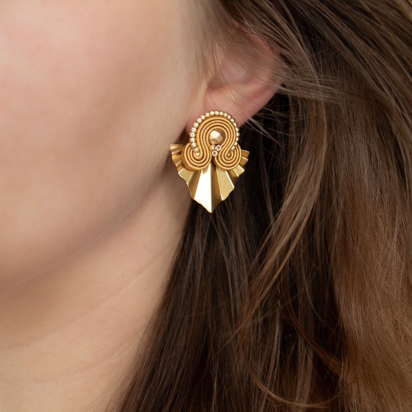 Handmade Beige Soutache Earrings with Gold Charms – Chic Jewellery