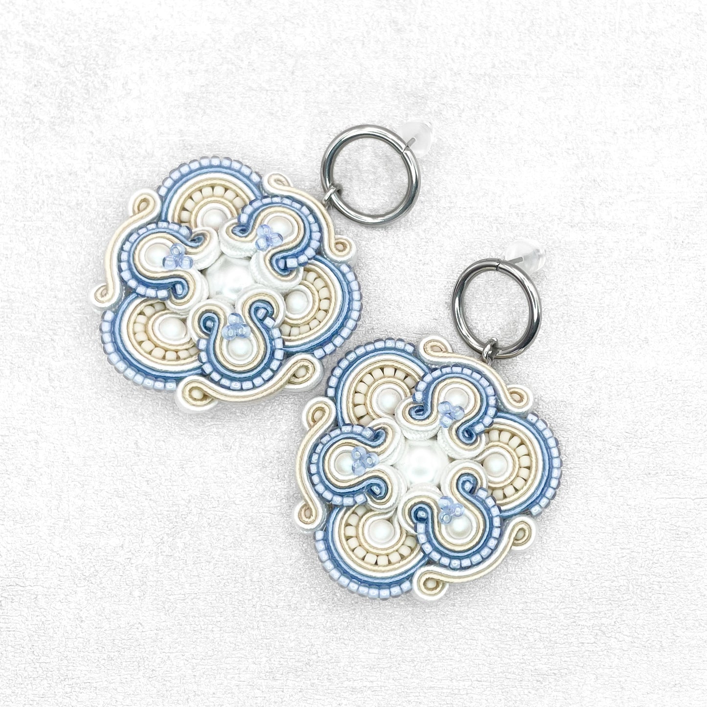Handmade Light Blue, White, and Cream Soutache Earrings – Sophisticated Jewellery