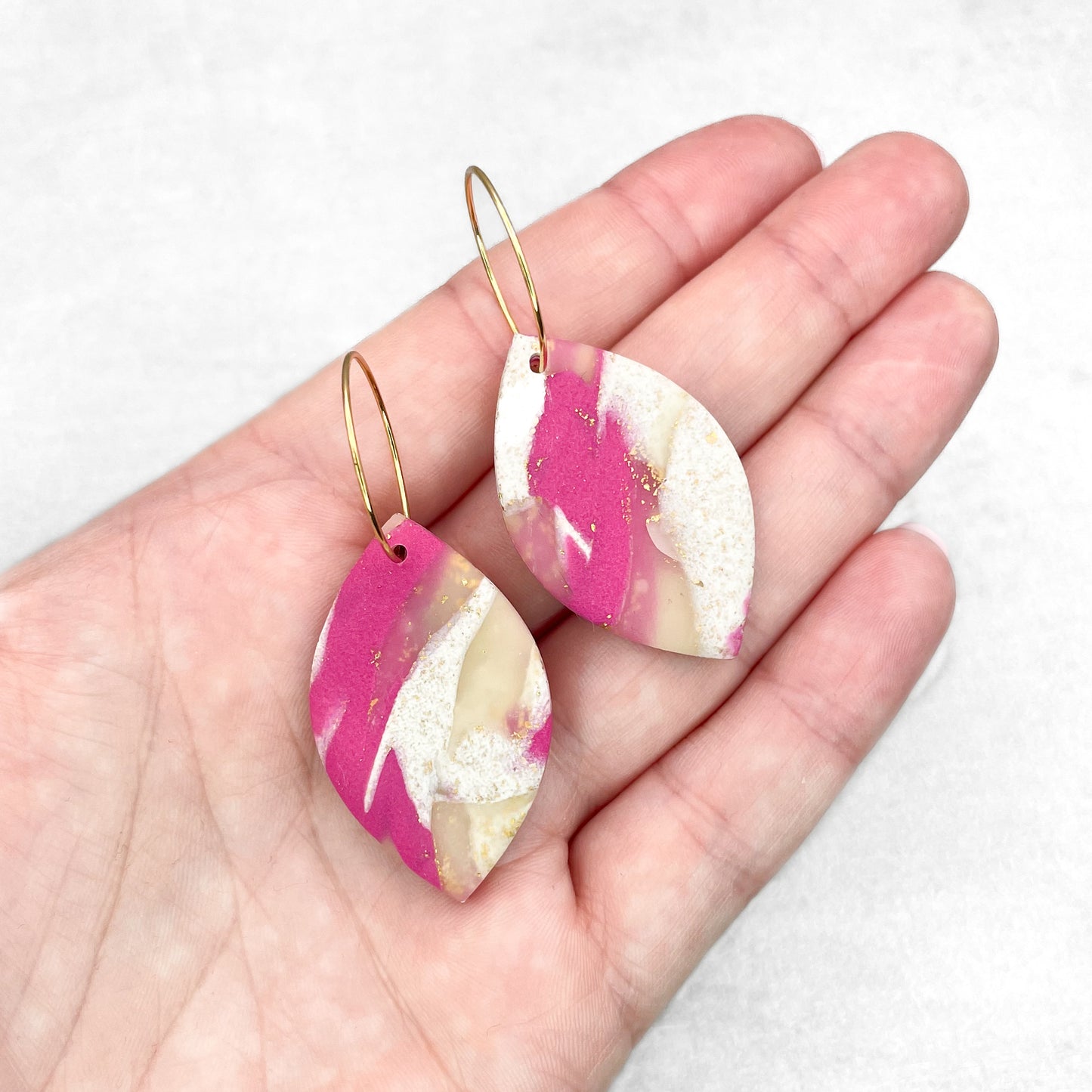 Handmade Magenta, Cream, and Gold Oval Earrings – Marbled Polymer Clay Jewellery