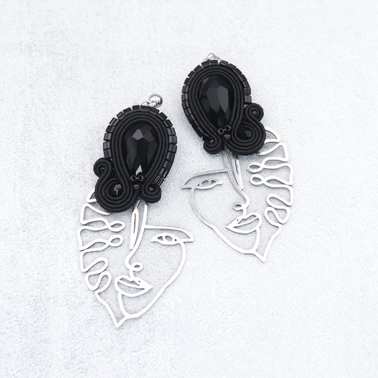 Black soutache earrings. Original and lightweights earrings with face charms.