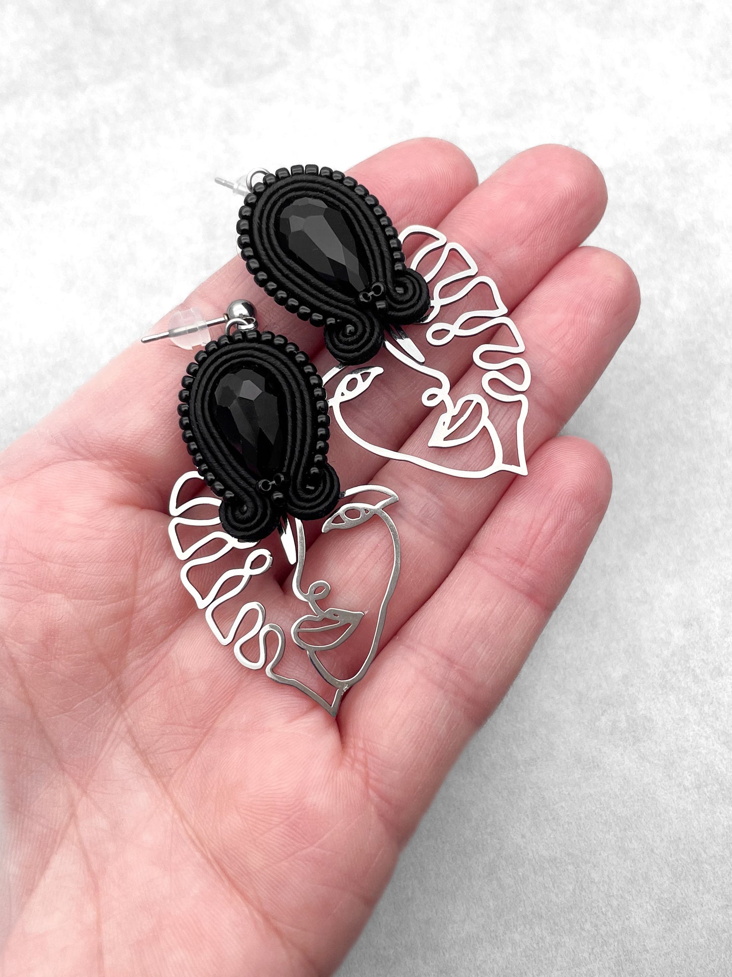 Handmade Black Soutache Earrings with Face Charms – Lightweight Earrings