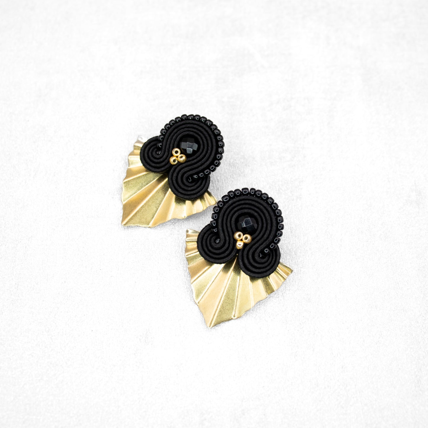 Handmade Black Soutache Earrings with Gold Charms – Elegant Jewellery