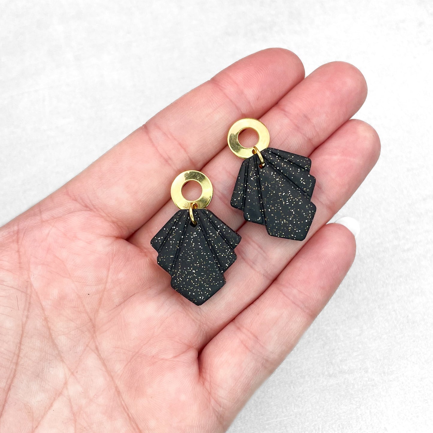 Handmade Black and Gold Glitter Geometric Earrings – Polymer Clay Jewellery