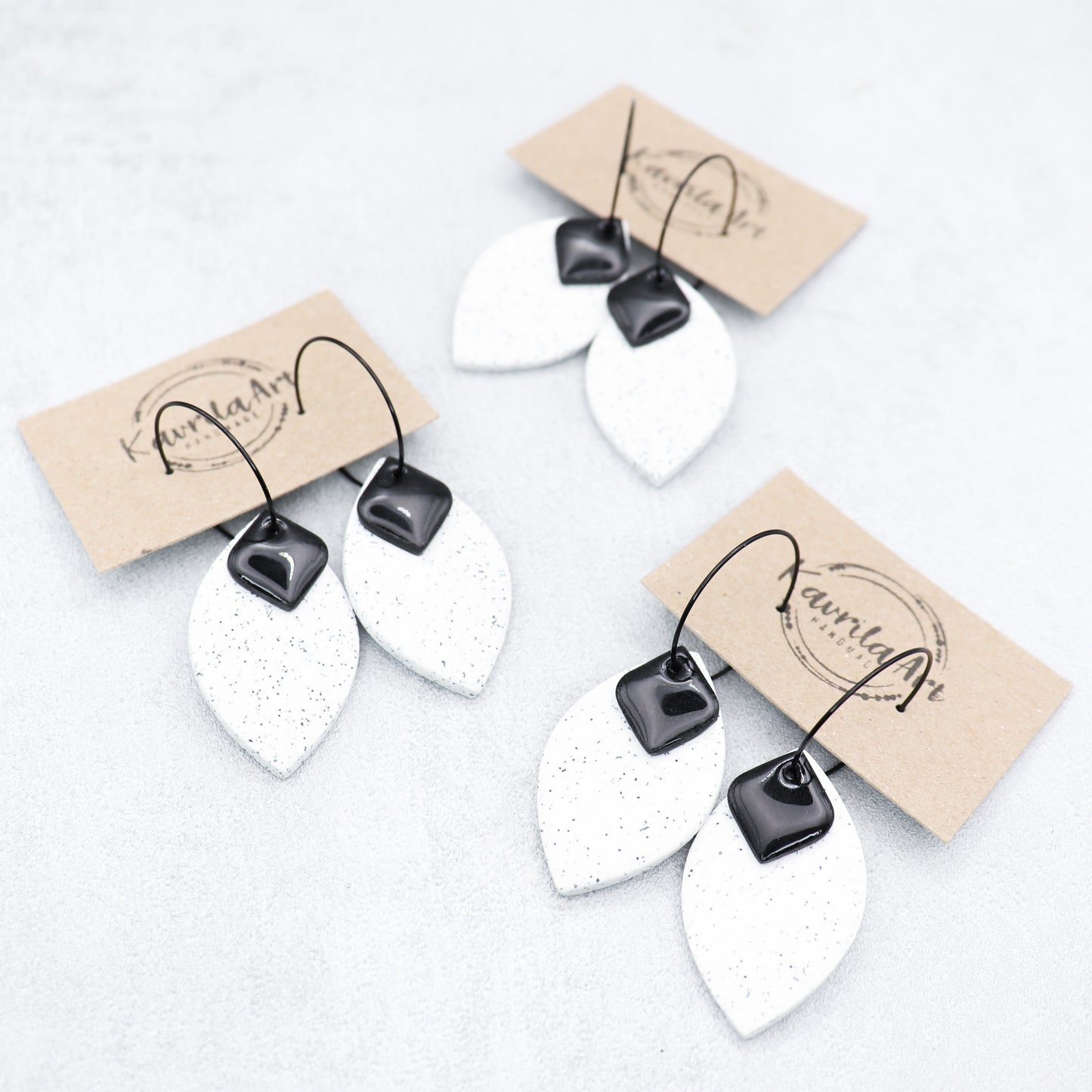 Handmade White Oval and Black Rhombus Earrings – Stylish Polymer Clay with Hoops