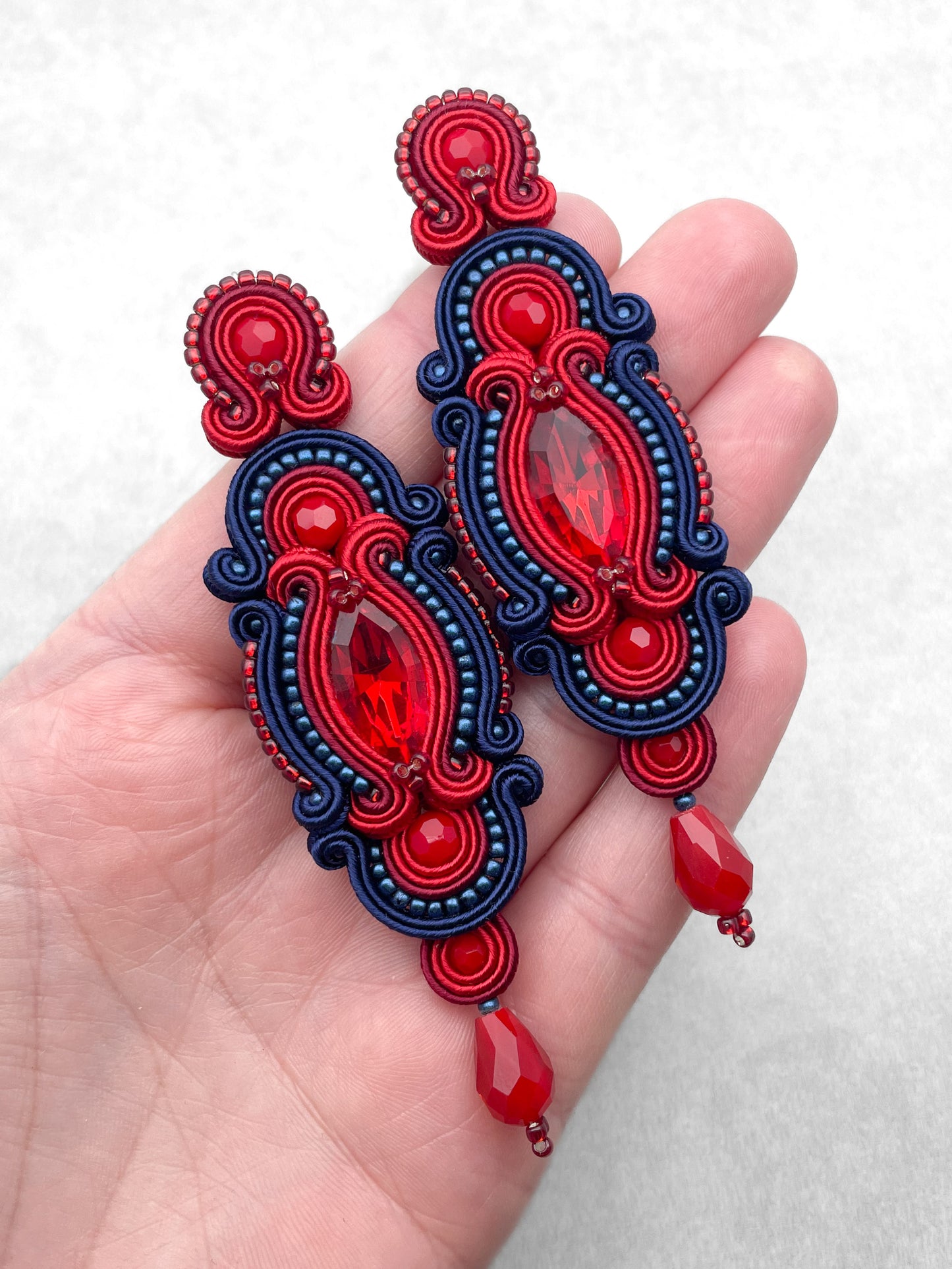 Handcrafted Red & Dark Sapphire Soutache Earrings – Timeless Elegance
