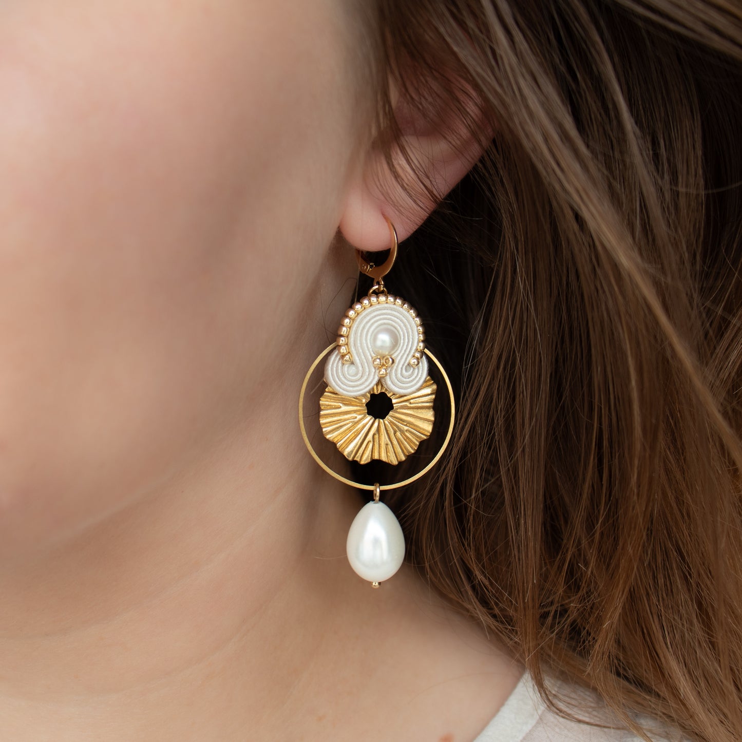 Handmade Ivory Soutache Bridal Earrings with Gold Charms – Unique and Beautiful Jewellery
