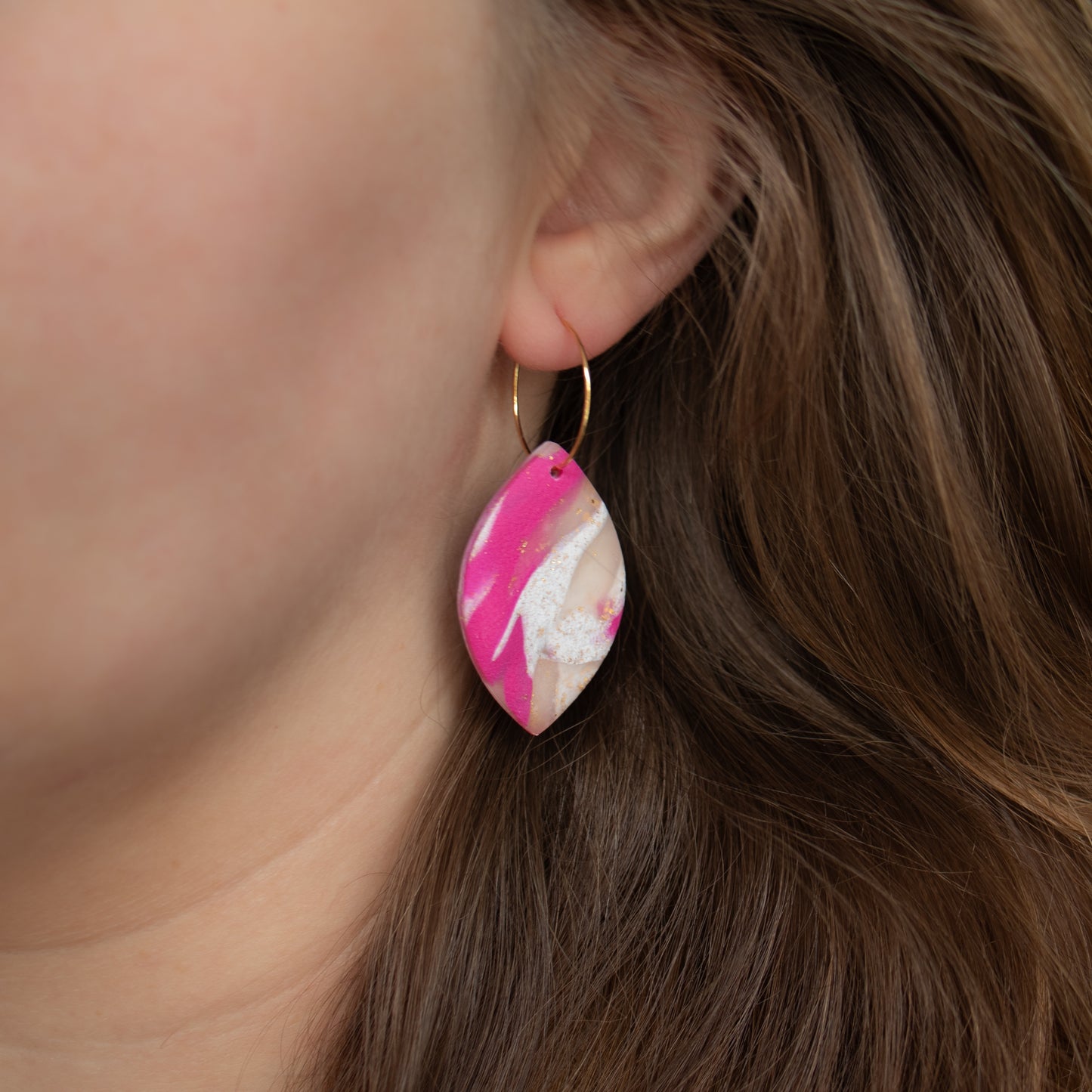 Handmade Magenta, Cream, and Gold Oval Earrings – Marbled Polymer Clay Jewellery