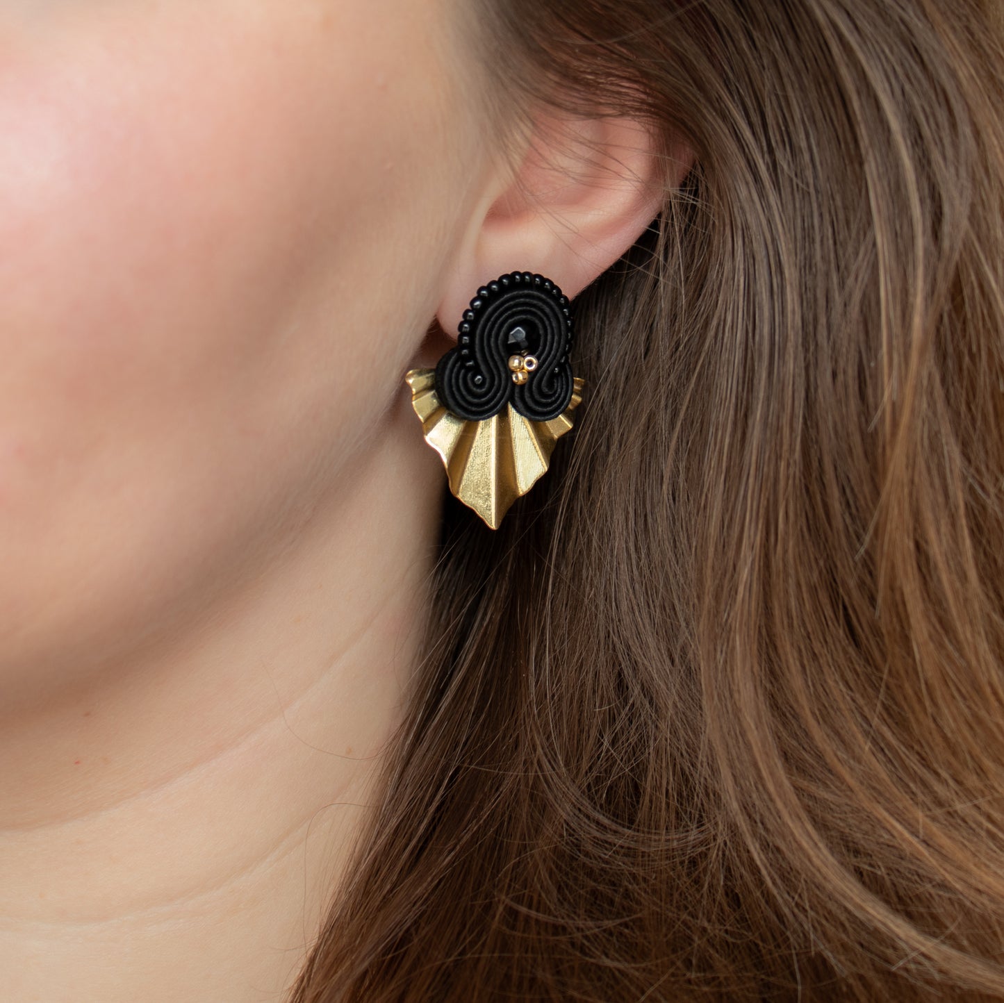 Handmade Black Soutache Earrings with Gold Charms – Elegant Jewellery