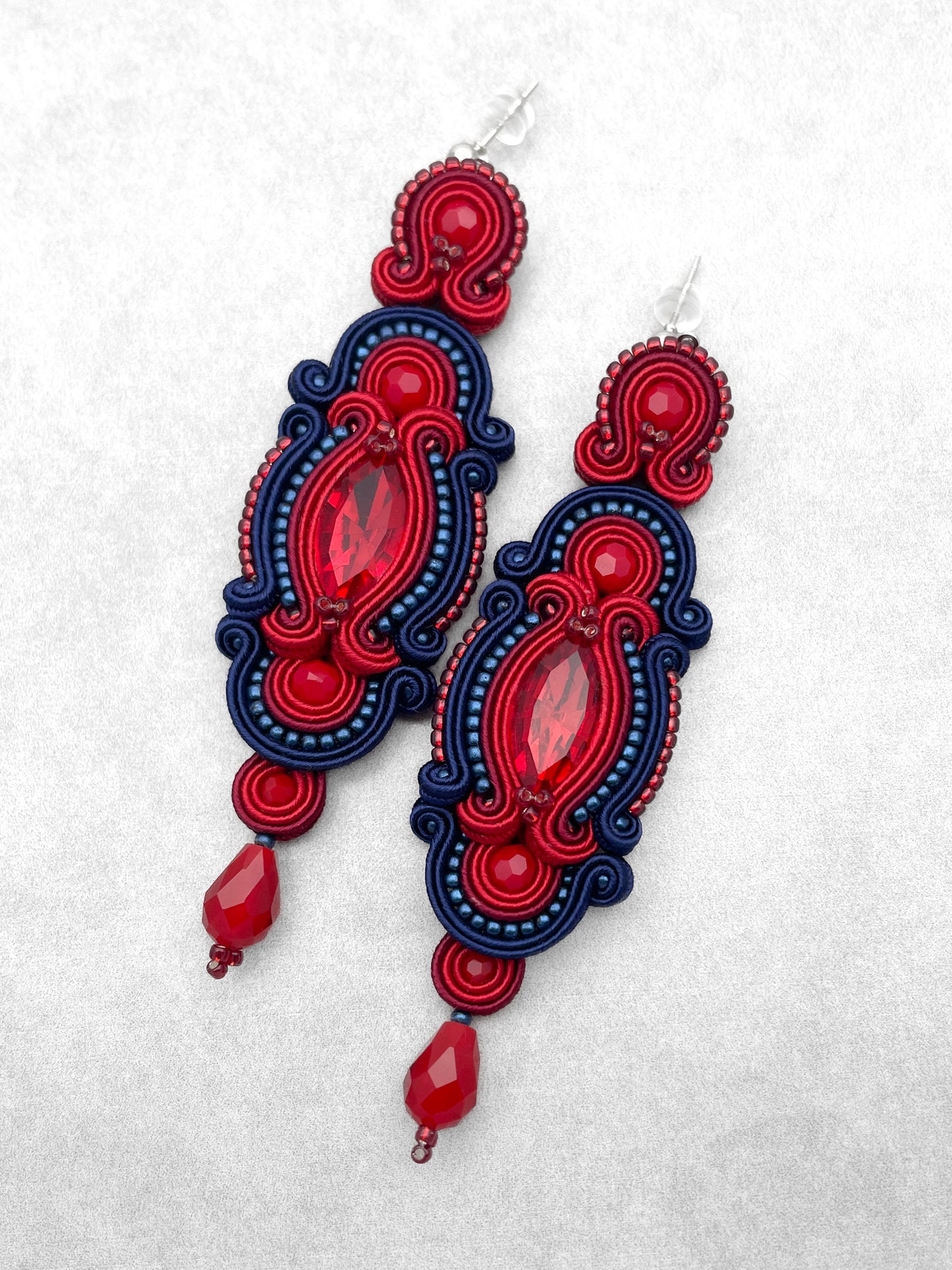 Handcrafted Red & Dark Sapphire Soutache Earrings – Timeless Elegance