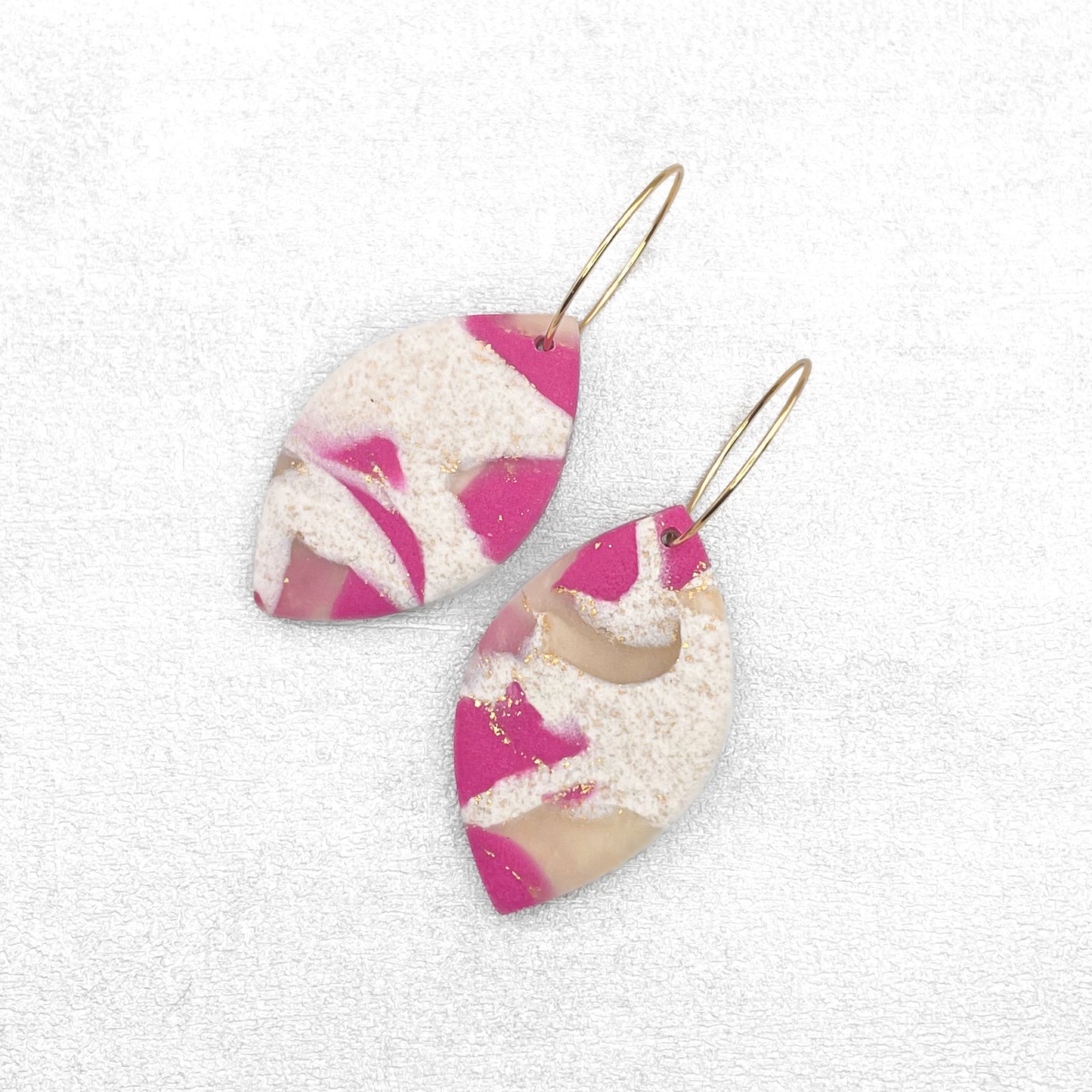 Handmade Marbled Magenta, Cream, and Gold Earrings – Oval Polymer Clay Jewellery