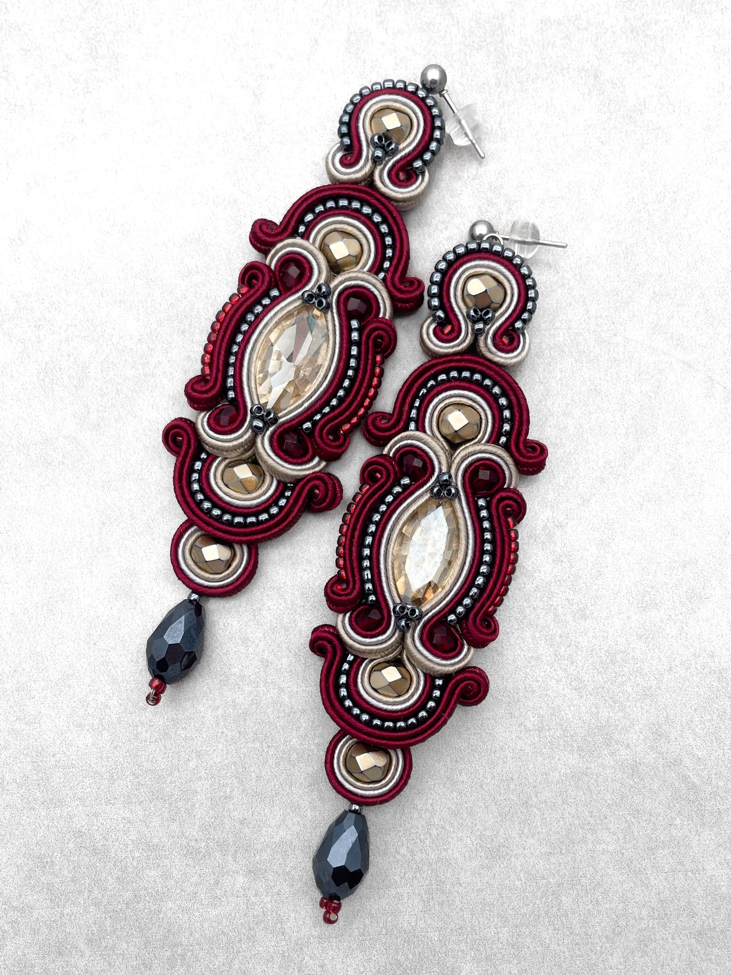 Handmade Maroon, Sand, and Dark Grey Soutache Earrings – Oriental Long Earrings