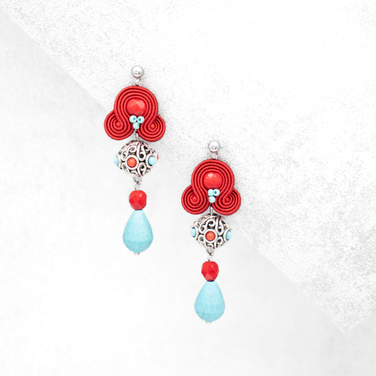Handmade Red Soutache Earrings with Turqouise Howlite – Distinctive Jewellery
