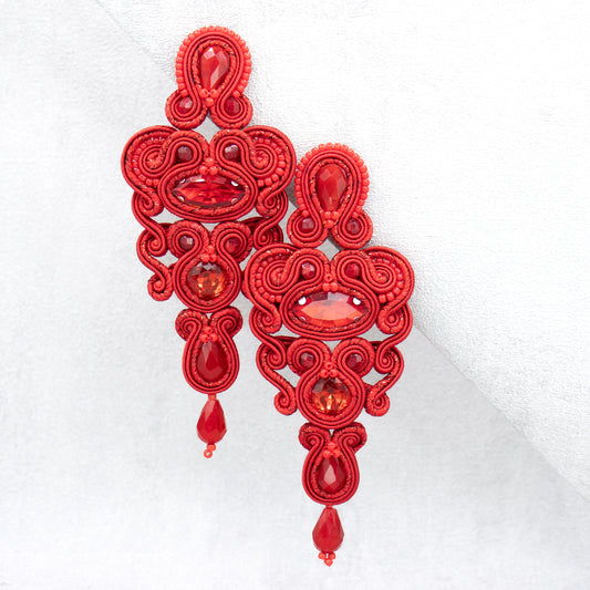 Red soutache earrings. Unique and statement long earrings.
