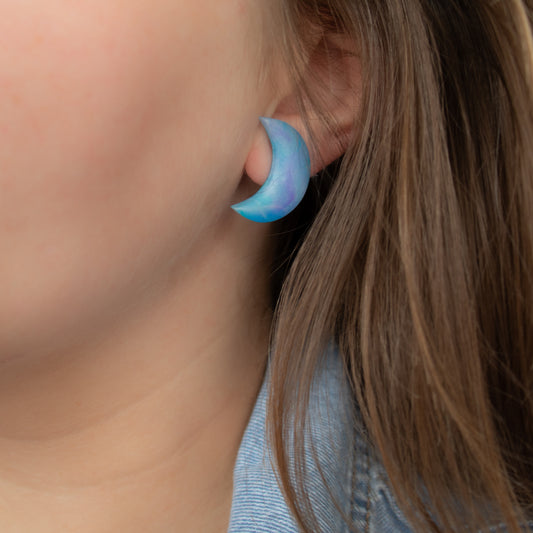 Handmade Sky Blue Moon Stud Earrings – Marbled Polymer Clay Studs