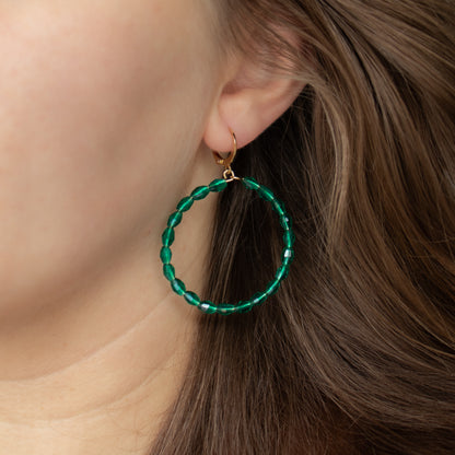 Handmade Emerald Hoop Earrings with Glass Beads