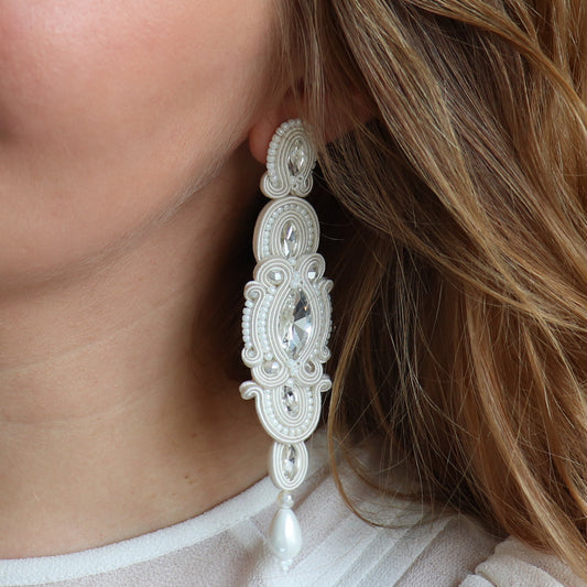 Handmade Ivory Soutache Bridal Earrings –  Sophisticated Long Earrings