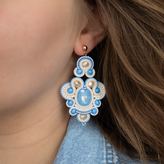 Handmade Light Blue and Cream Soutache Earrings – Chic and Unique Jewellery