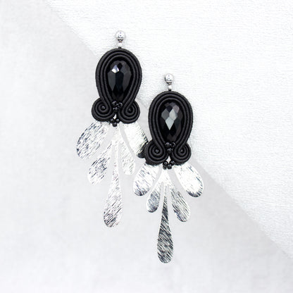 Black soutache earrings. Original and lightweights earrings with leaf charms.