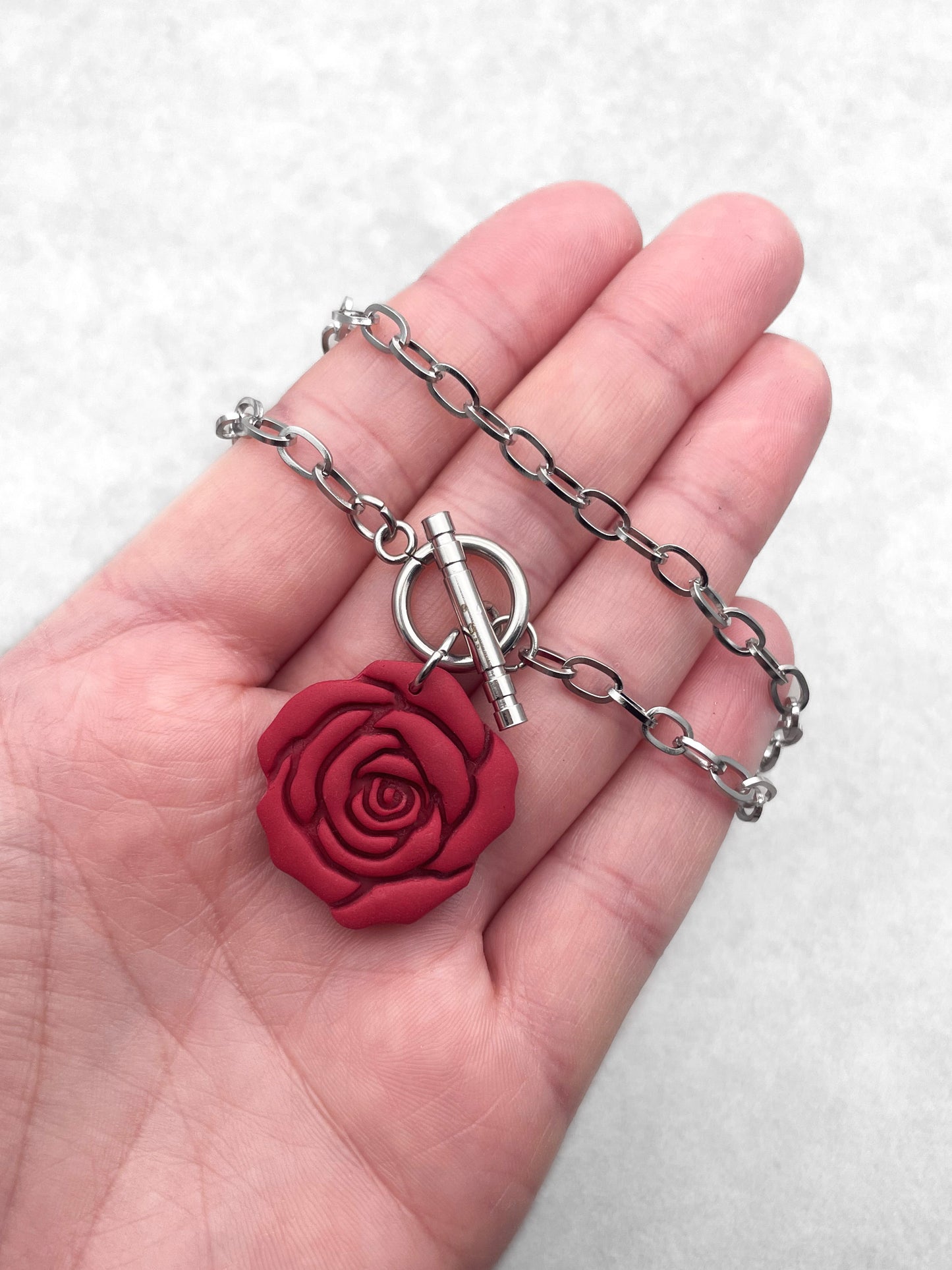 Handmade Necklace – Burgundy Rose Polymer Clay Pendant