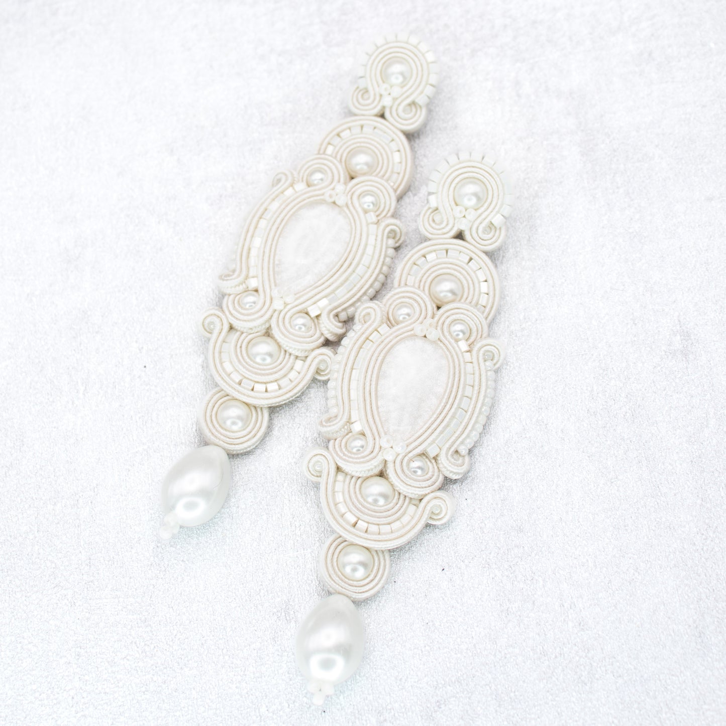 Bridal ivory earrings. Handmade soutache earrings. Lightweight long earrings.