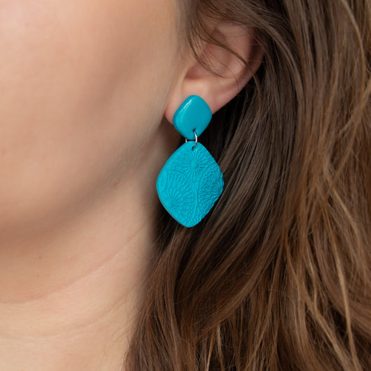 Handmade Turqouise Rhombus Earrings – Textured Polymer Clay Jewellery