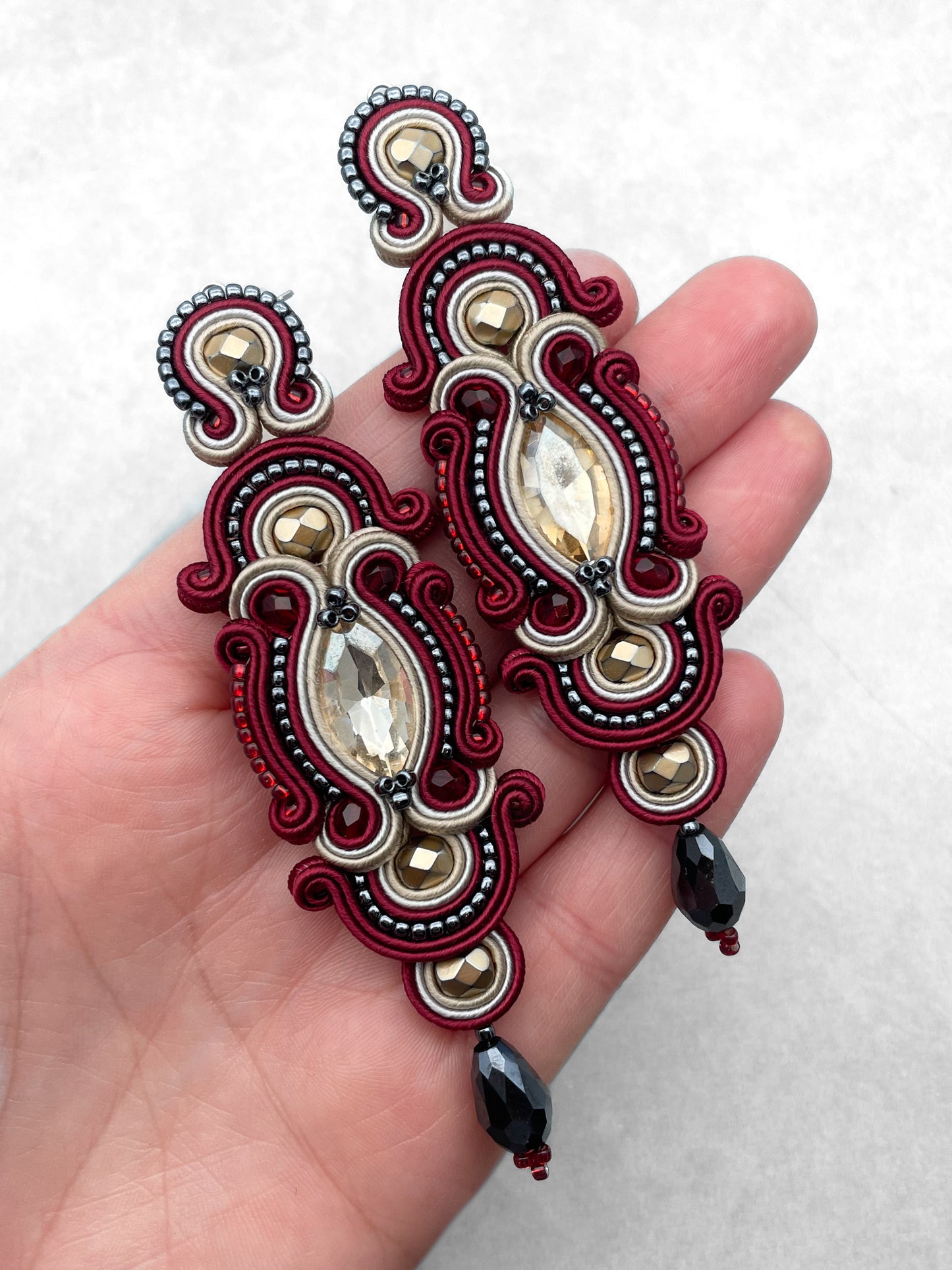 Handmade Maroon, Sand, and Dark Grey Soutache Earrings – Oriental Long Earrings