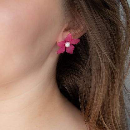 Magenta flower stud earrings. Handmade acrylic stud earrings.