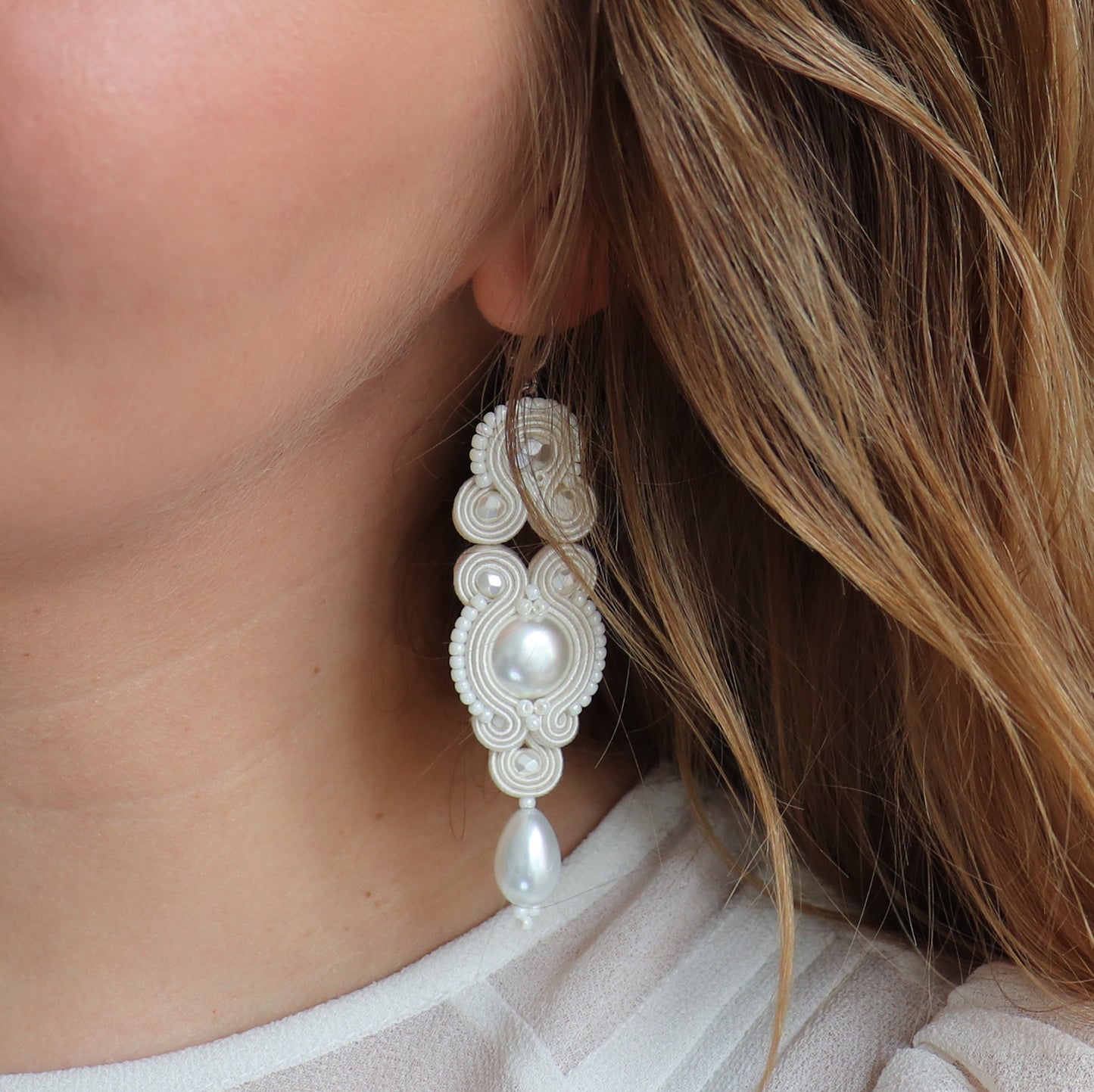 Handmade Bridal Soutache Earrings - Elegant Ivory Jewellery