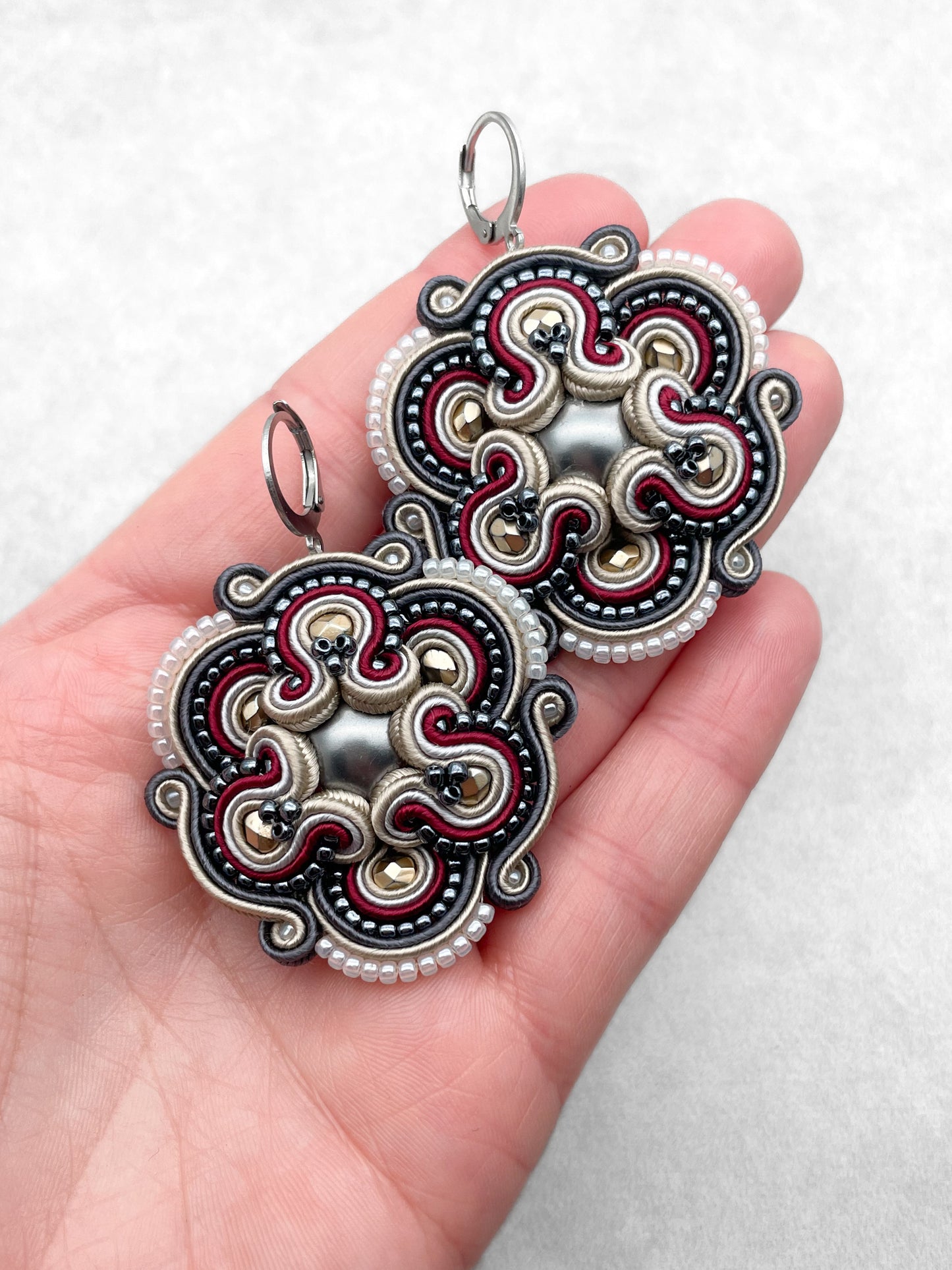 Handmade Sand, Maroon and Dark Grey Soutache Earrings – Oriental Jewellery