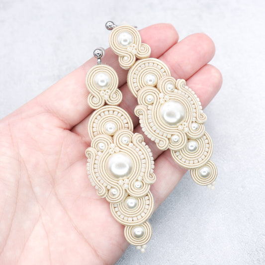 Cream soutache earrings. Elegant handmade earrings