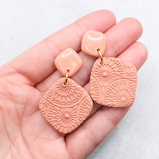 Pink peach rhombus earrings. Handmade polymer clay earrings.